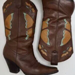 VINTAGE 90'S NINE WEST BUTTERFLY COWGIRL BOOT BROWN NEW HEELS 7.5 LADIES